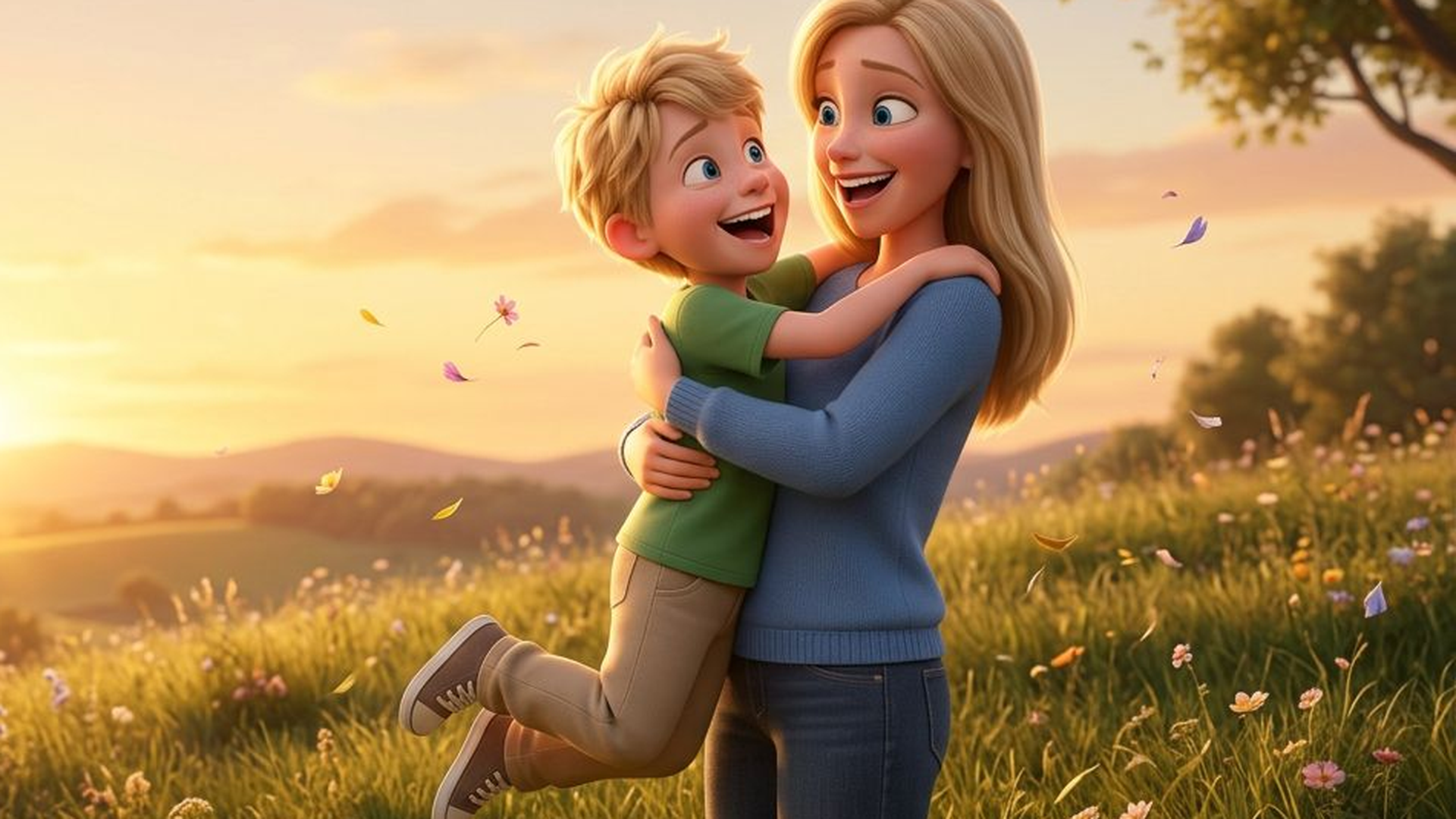 Jeffrey hugged by mom in a sunset meadow, his story
